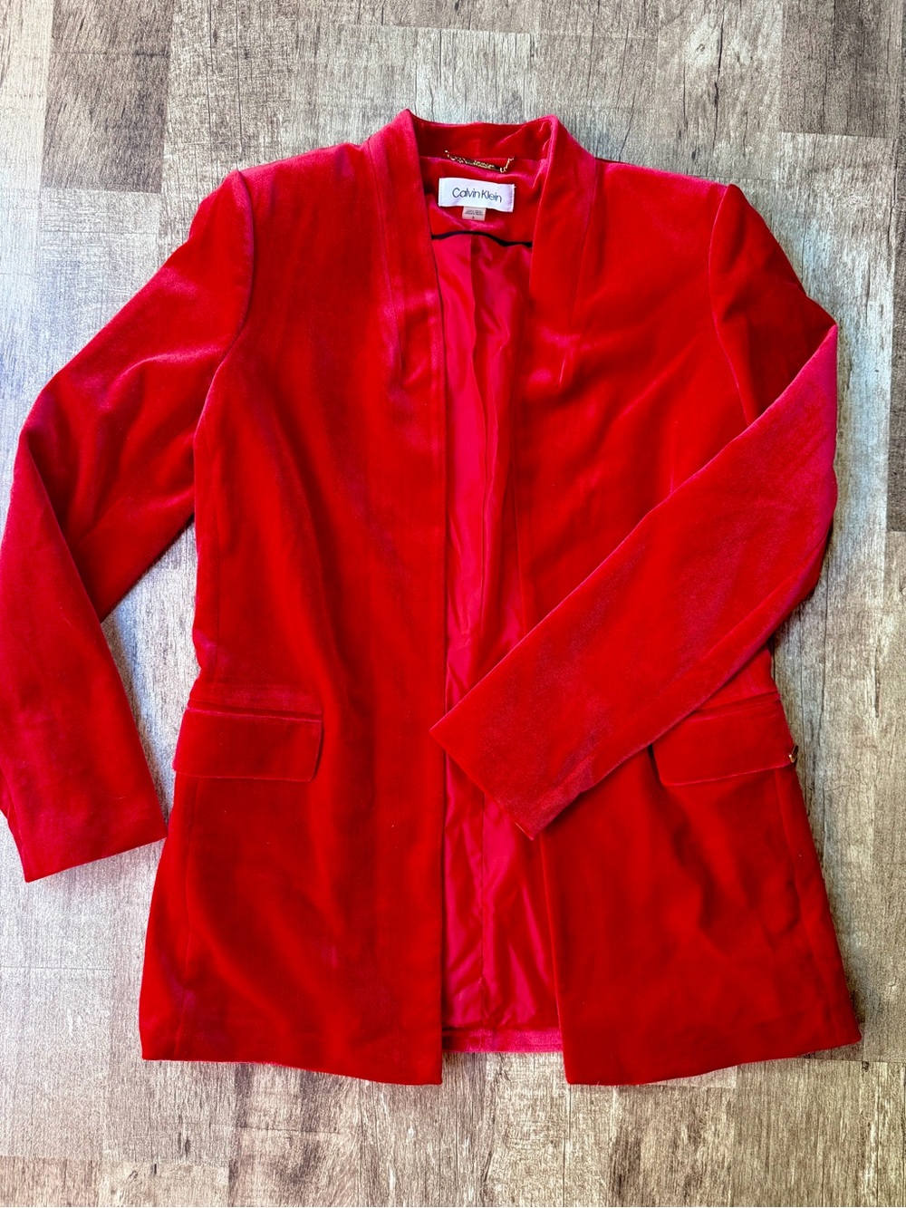 Calvin Klein Red Velvet Open Front Blazer Jacket Tailored Tuxedo Collar